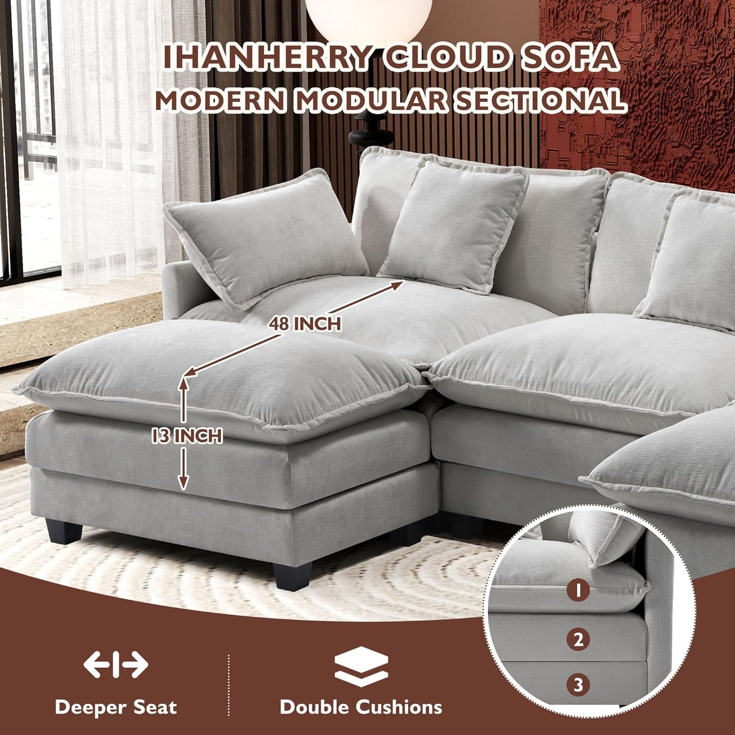 146" U-Shaped Modern Sofa Modular Sectional Cloud Couch