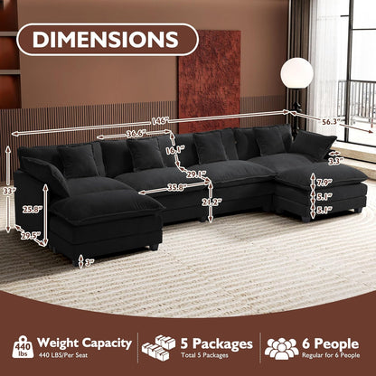 146" U-Shaped Modern Sofa Modular Sectional Cloud Couch