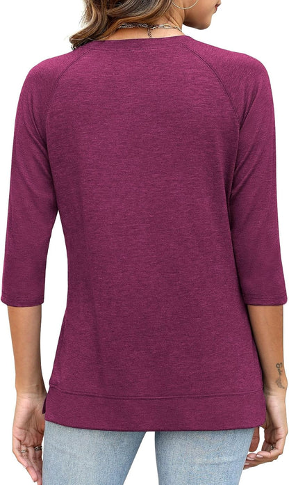3/4 Sleeve Crew Neck Shirts Loose Fit Tunic Blouses Summer Tees