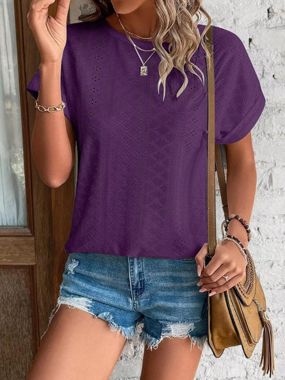 Womens Tops Eyelet Embroidery Summer Spring Curved Hem Short Sleeve Trendy T Shirts