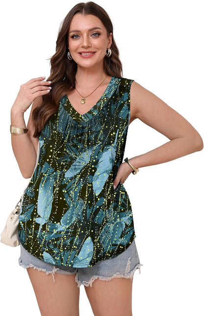 Womens V Neck Tank Top Loose Fit Sleeveless Summer Shirt Ruched Tees and Tanks with Curved Hem