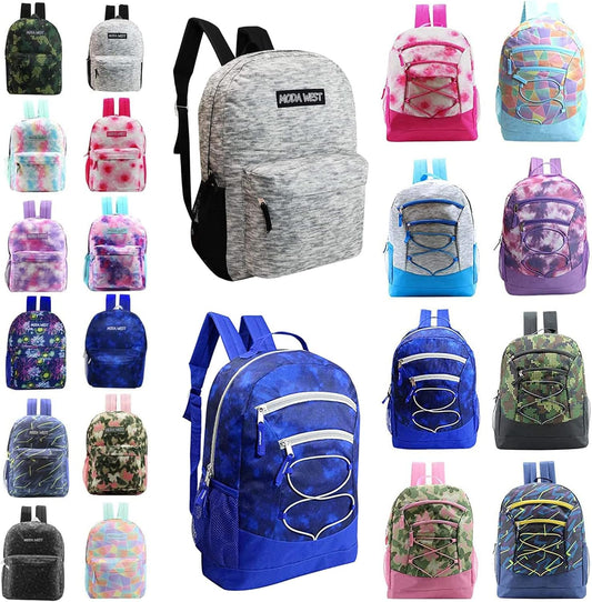 24 Pack 17 Inch Kids Backpacks in 20 Assorted Colors and Prints