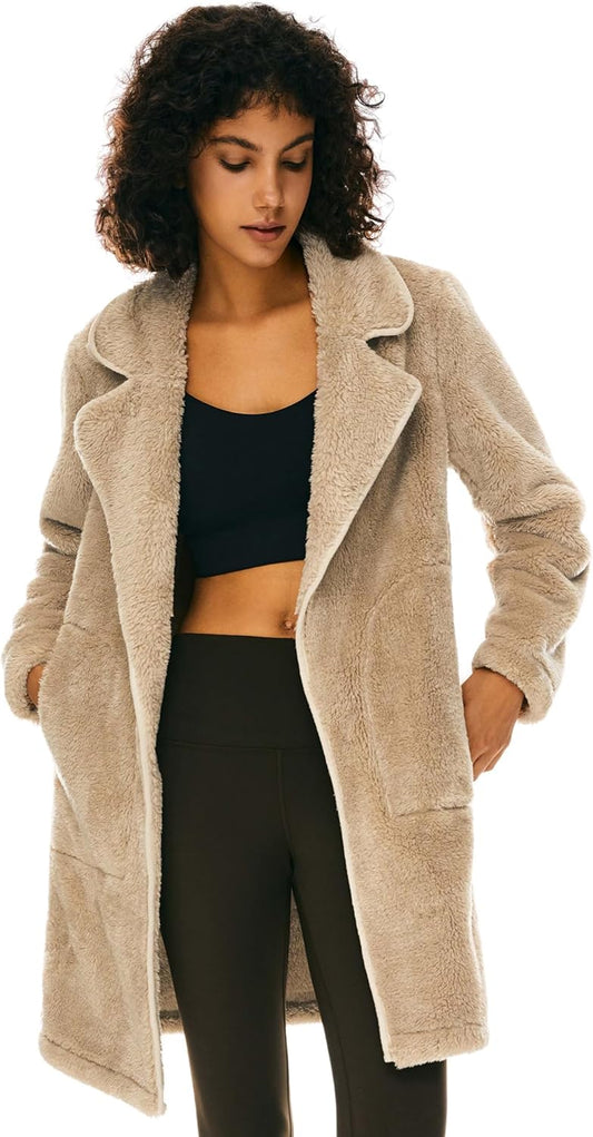 Women’s Fuzzy Fleece Faux Fur Jacket with Pockets Open Front