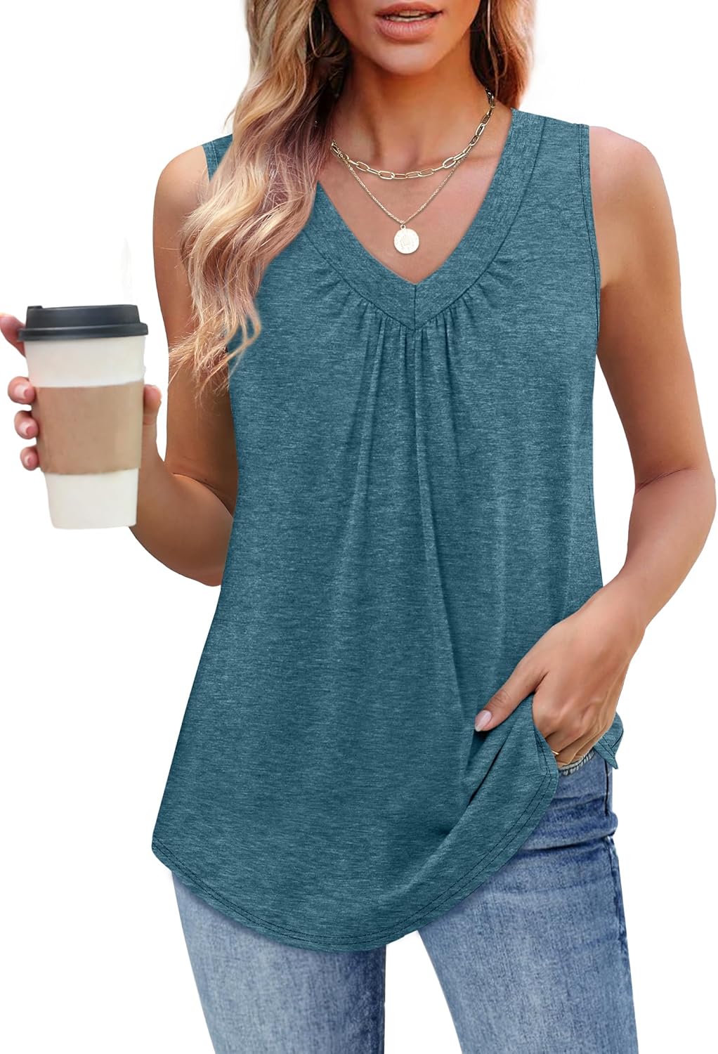 Womens V Neck Tank Top Loose Fit Sleeveless Summer Shirt Ruched Tees and Tanks with Curved Hem
