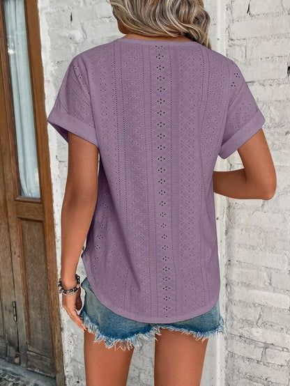 Womens Tops Eyelet Embroidery Summer Spring Curved Hem Short Sleeve Trendy T Shirts