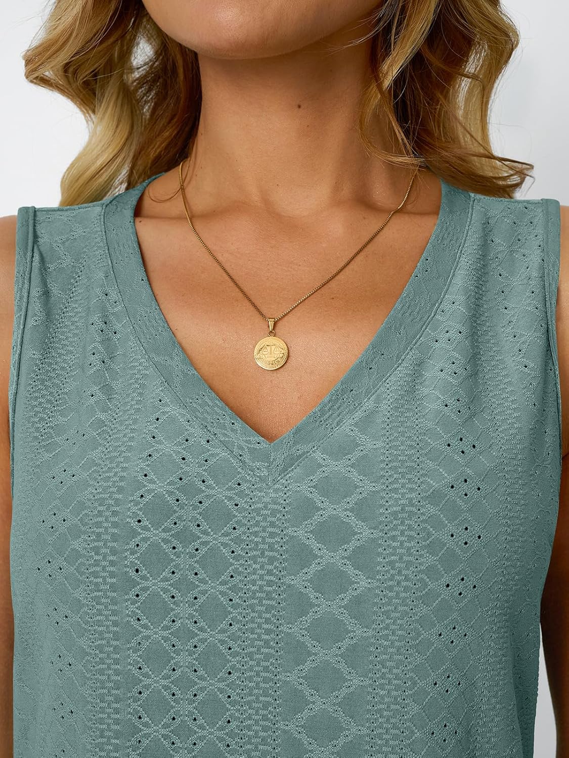 Womens Summer Tank Top Eyelet Embroidery V Neck Sleeveless Loose Fit Casual Shirt