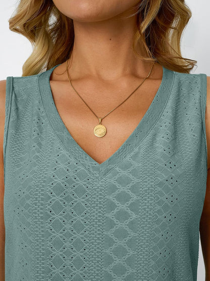 Womens Summer Tank Top Eyelet Embroidery V Neck Sleeveless Loose Fit Casual Shirt