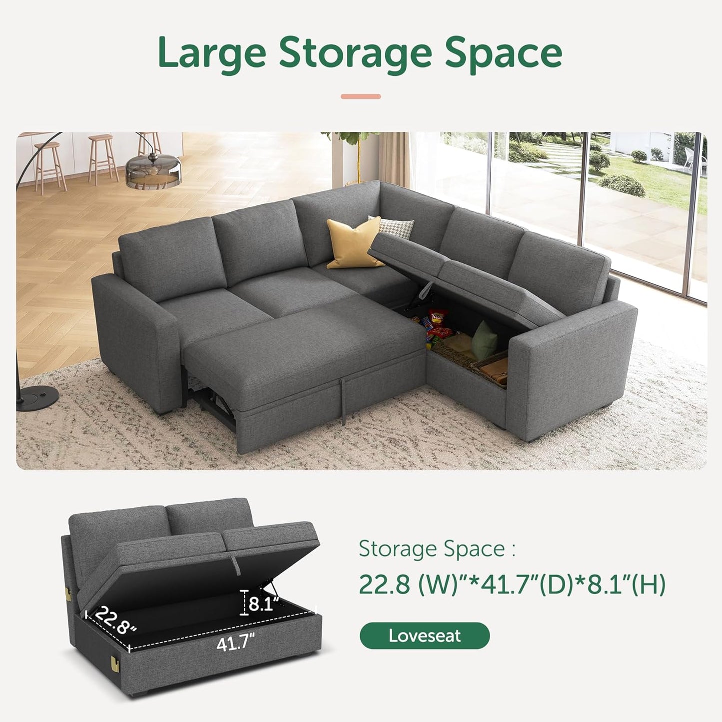 Modular L-Shaped Sleeper Sofa with Pull-Out Bed and Storage