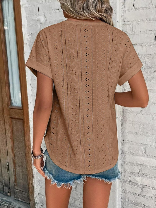 Womens Tops Eyelet Embroidery Summer Spring Curved Hem Short Sleeve Trendy T Shirts