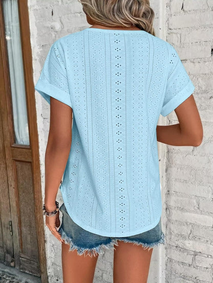 Womens Tops Eyelet Embroidery Summer Spring Curved Hem Short Sleeve Trendy T Shirts