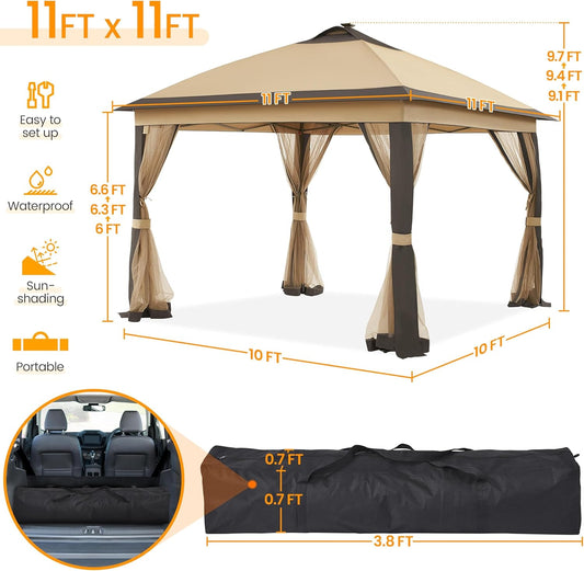 11x11 Pop Up Gazebo Canopy Tent with Mesh Netting and Sandbags