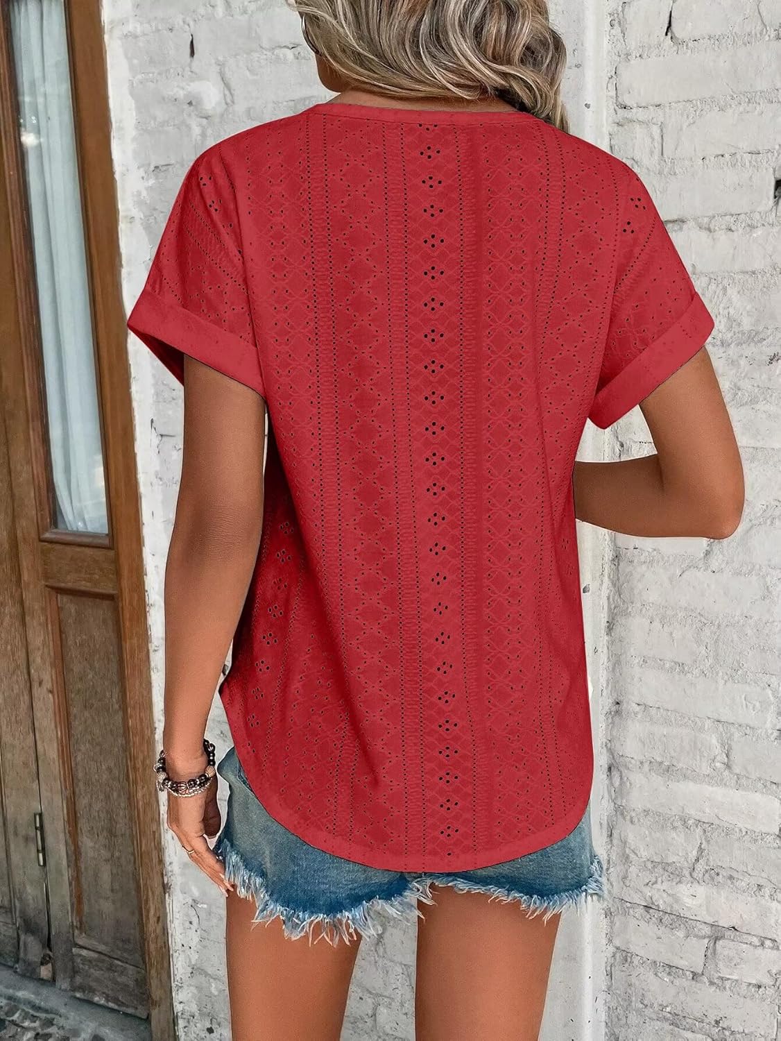 Womens Tops Eyelet Embroidery Summer Spring Curved Hem Short Sleeve Trendy T Shirts
