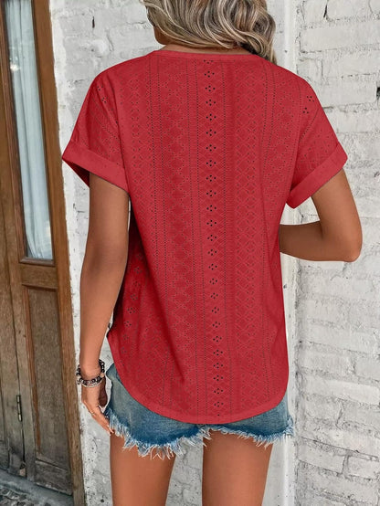 Womens Tops Eyelet Embroidery Summer Spring Curved Hem Short Sleeve Trendy T Shirts