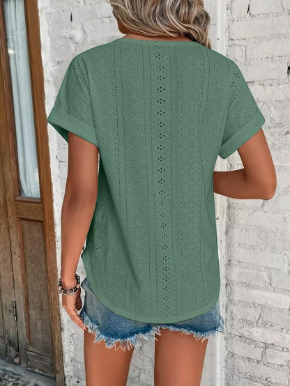 Womens Tops Eyelet Embroidery Summer Spring Curved Hem Short Sleeve Trendy T Shirts