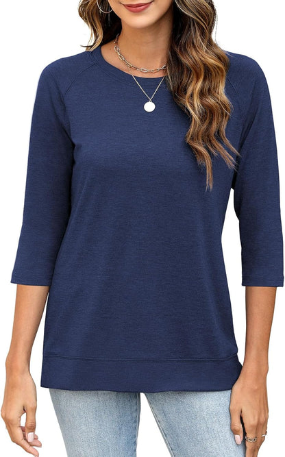 3/4 Sleeve Crew Neck Shirts Loose Fit Tunic Blouses Summer Tees