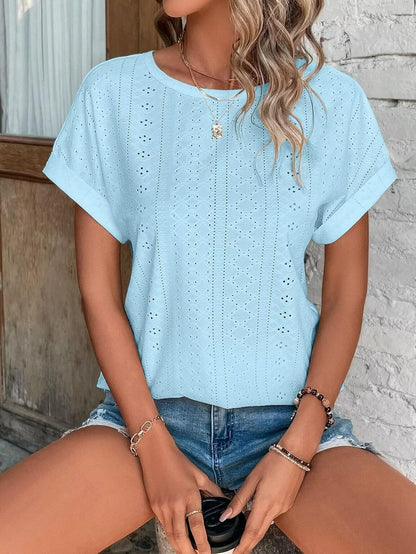 Womens Tops Eyelet Embroidery Summer Spring Curved Hem Short Sleeve Trendy T Shirts