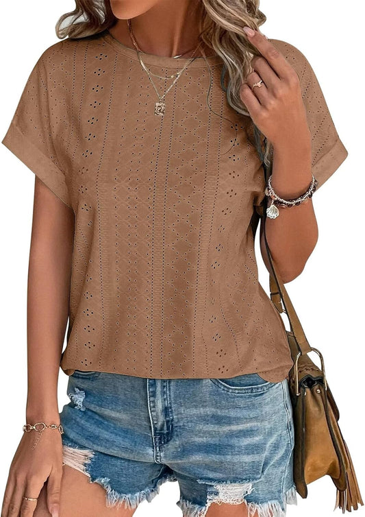 Womens Tops Eyelet Embroidery Summer Spring Curved Hem Short Sleeve Trendy T Shirts