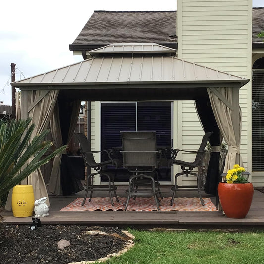 12x20ft Hardtop Gazebo Aluminum Frame Steel Roof Curtains Netting