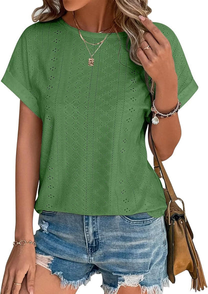 Womens Tops Eyelet Embroidery Summer Spring Curved Hem Short Sleeve Trendy T Shirts