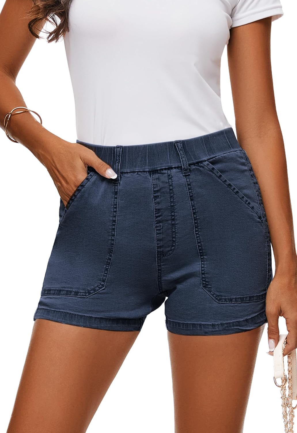 Womens Jean Shorts High Waisted Summer Cotton Elastic Waist Denim Shorts with Pockets
