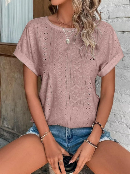 Womens Tops Eyelet Embroidery Summer Spring Curved Hem Short Sleeve Trendy T Shirts