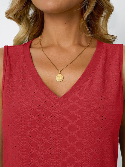 Womens Summer Tank Top Eyelet Embroidery V Neck Sleeveless Loose Fit Casual Shirt