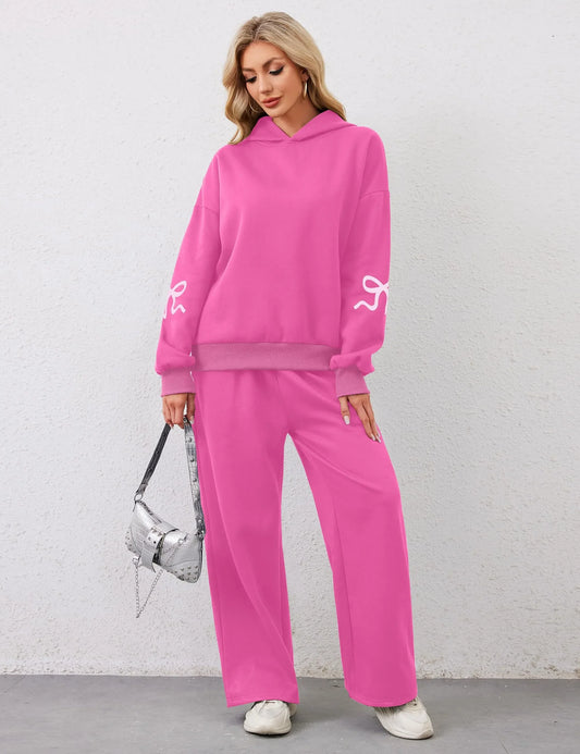 Women's 2 Piece Outfits Bow Trim Print Hoodie Sweatsuit Sets