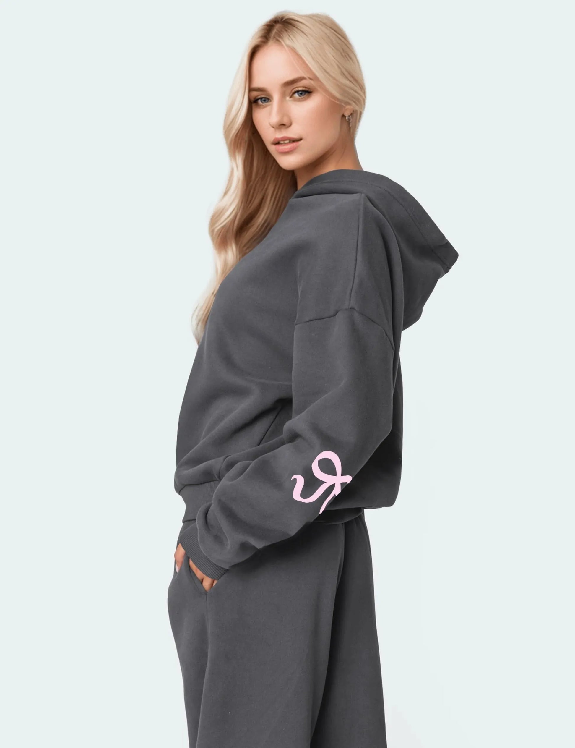 Women's 2 Piece Outfits Bow Trim Print Hoodie Sweatsuit Sets