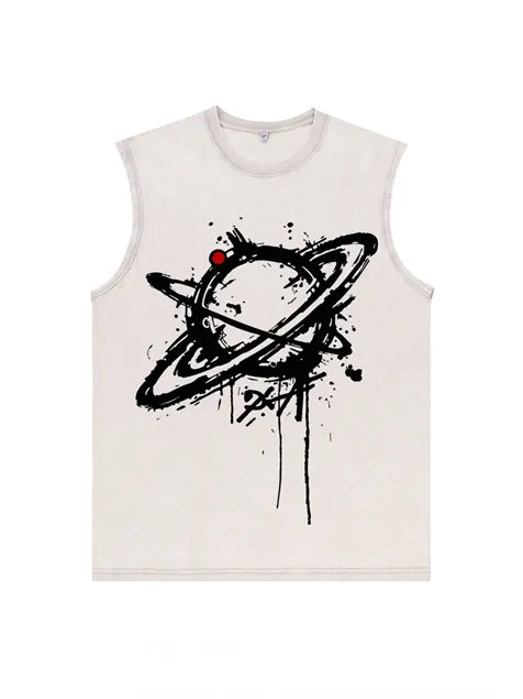 230g Cotton Saturn Printed Sleeveless Wash Old T-shirt