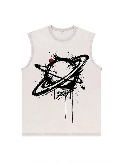 230g Cotton Saturn Printed Sleeveless Wash Old T-shirt