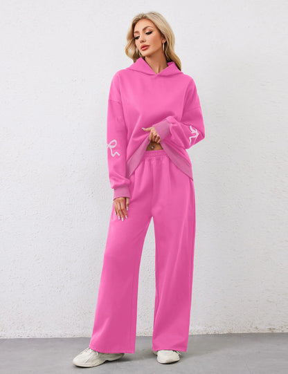 Women's 2 Piece Outfits Bow Trim Print Hoodie Sweatsuit Sets
