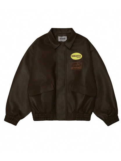 Men's Letter Embroidery Polo PU Leather Jacket