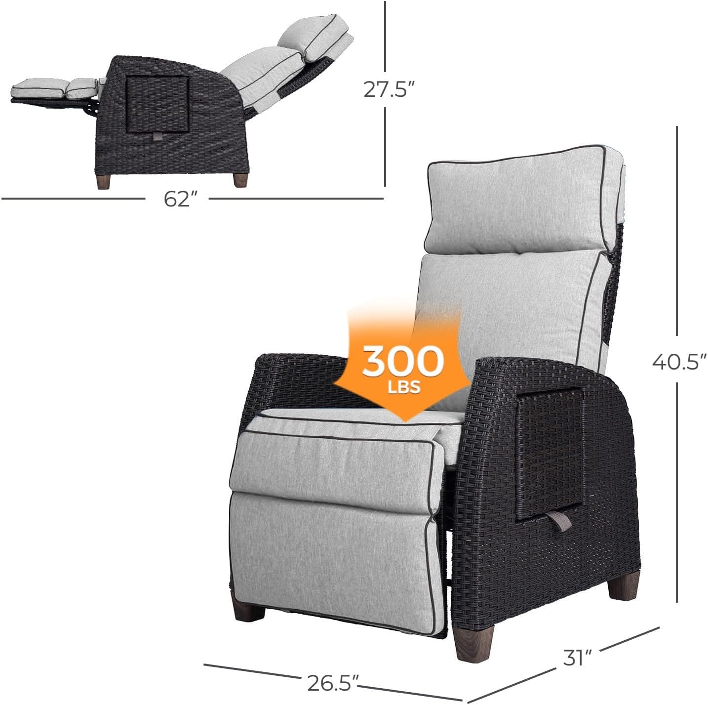 Outdoor Recliner Chair Patio 150° Lay Flat Recliner