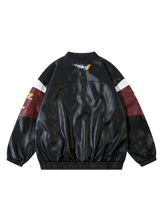 Patchwork Letter Embroidery PU Leather Jacket for Women