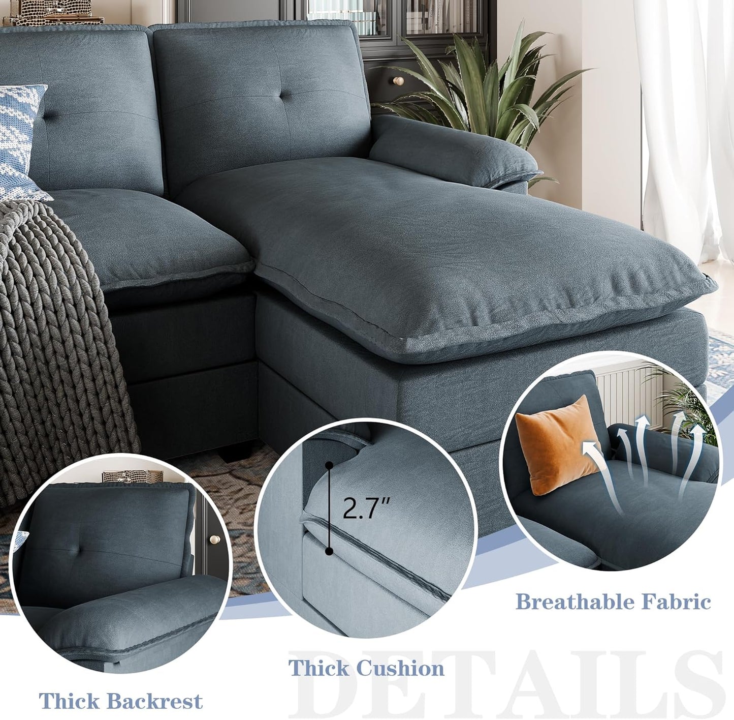 110 Inch U Shaped Sectional Sofa with Double Chaise Black