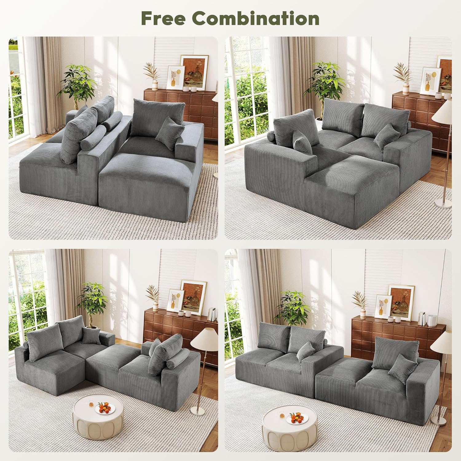 108 Inch Corduroy Cloud Sectional Sofa with Chaise Green