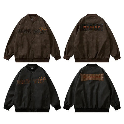 Embroidered Retro Distressed PU Bomber Jacket for Men
