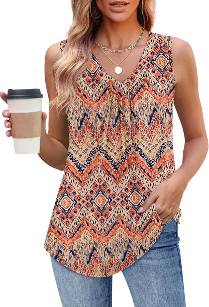 Womens V Neck Tank Top Loose Fit Sleeveless Summer Shirt Ruched Tees and Tanks with Curved Hem