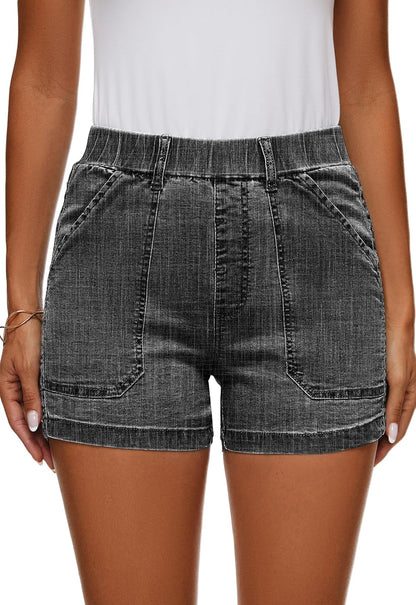 Womens Jean Shorts High Waisted Summer Cotton Elastic Waist Denim Shorts with Pockets