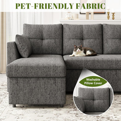 2-in-1 Oversized Sectional Sofa Bed 110" Pull-Out Couch with Storage Chaise Dark Grey