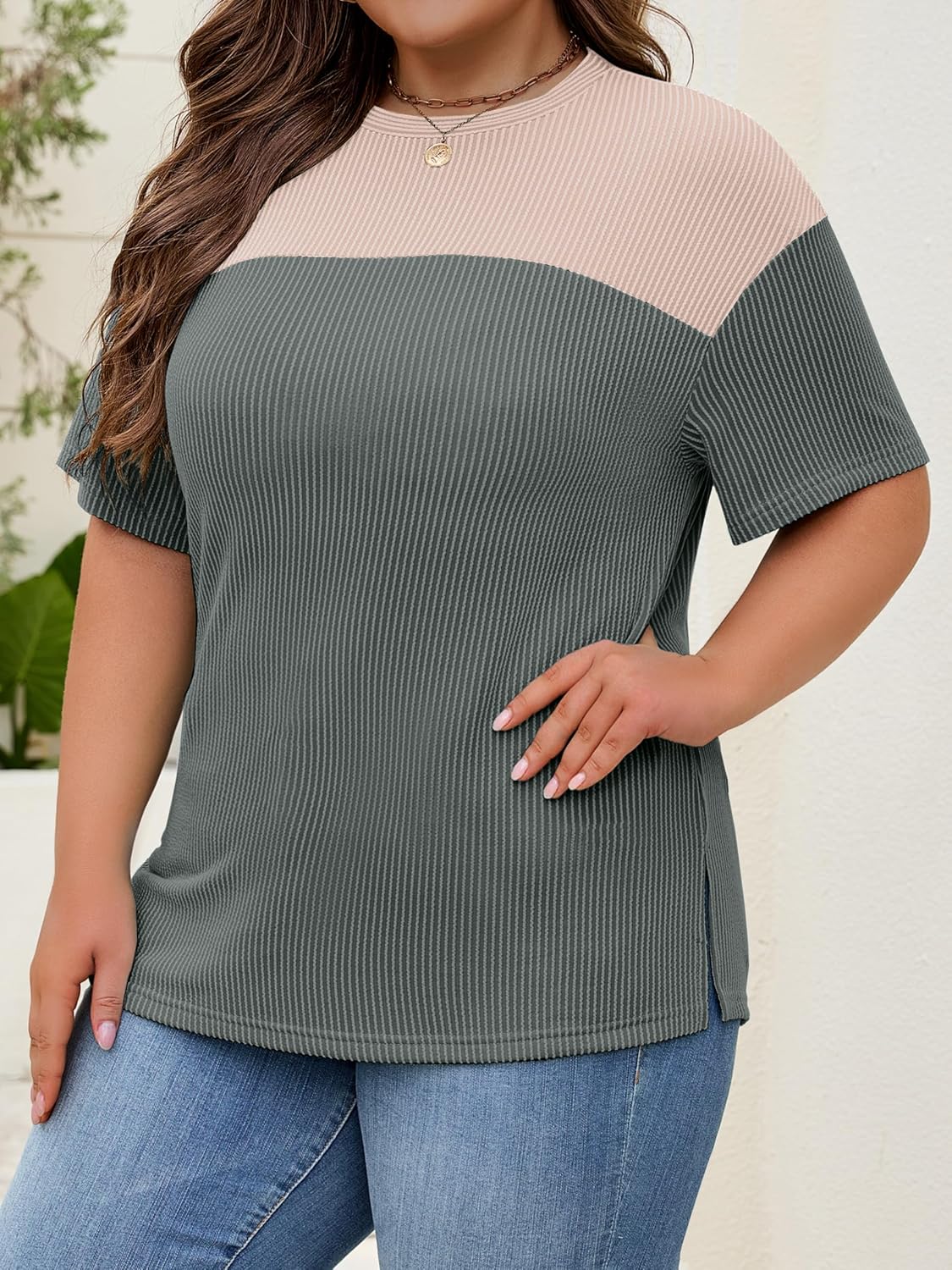 Womens Plus Size Short Sleeve Color Block Pullover Tunic Tops