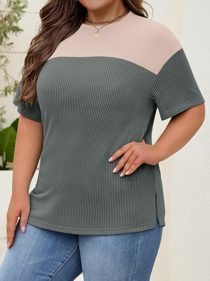 Womens Plus Size Short Sleeve Color Block Pullover Tunic Tops