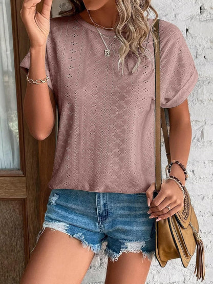 Womens Tops Eyelet Embroidery Summer Spring Curved Hem Short Sleeve Trendy T Shirts