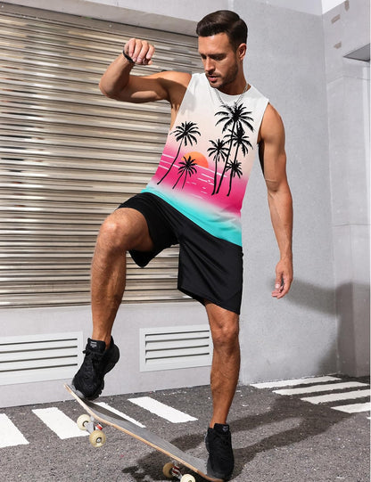 Mens Tank Tops Beach Summer Sleeveless Shirts Graphic Palm Tree Vacation