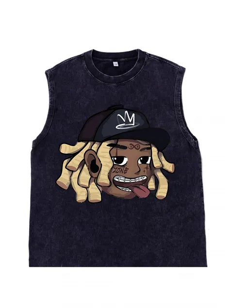 230g Cartoon Hip-hop Wash Old Sleeveless T-shirt