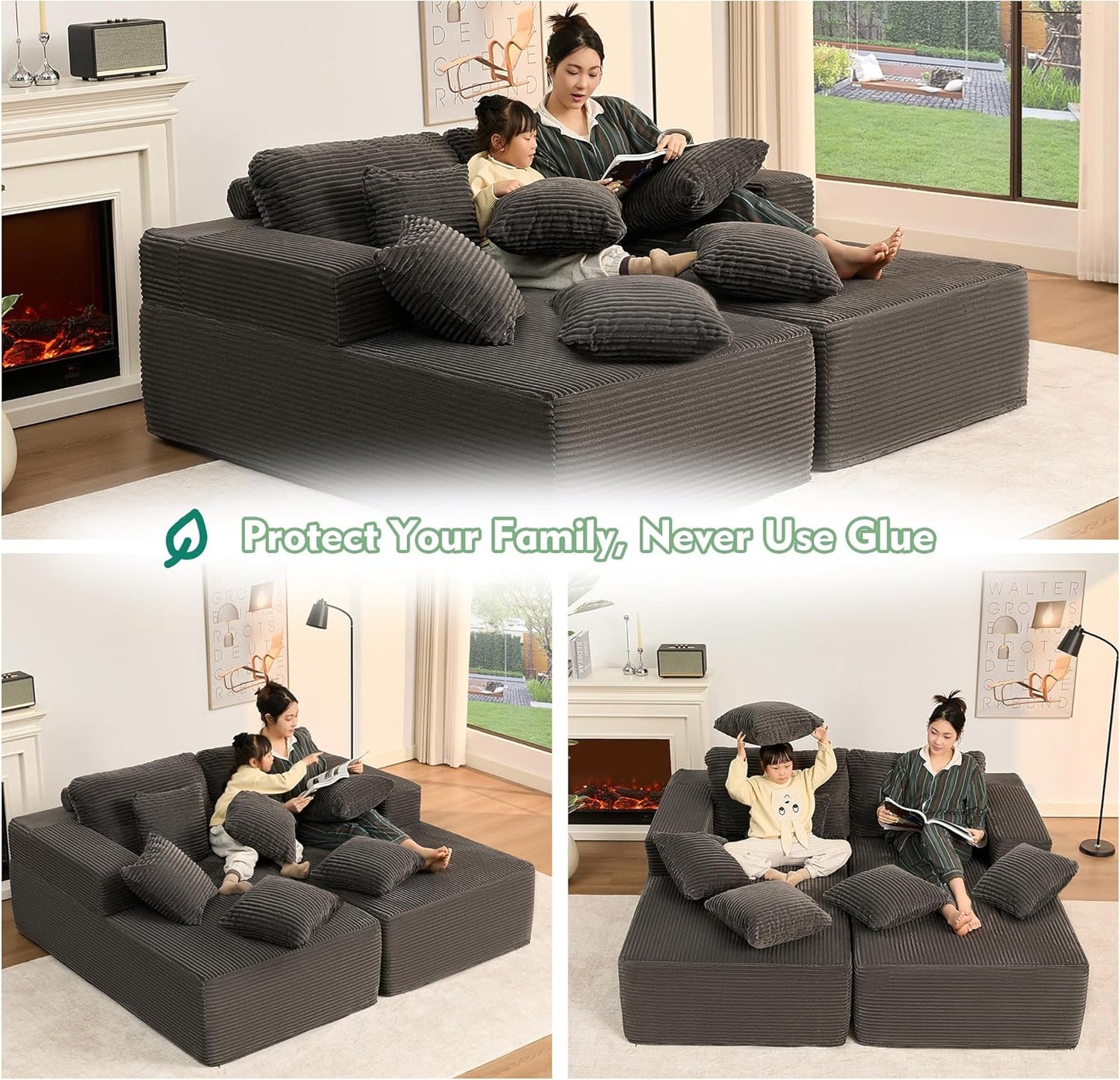 107" Boneless Couch with Deep Seat Cloud Sectional Couch for Living Room