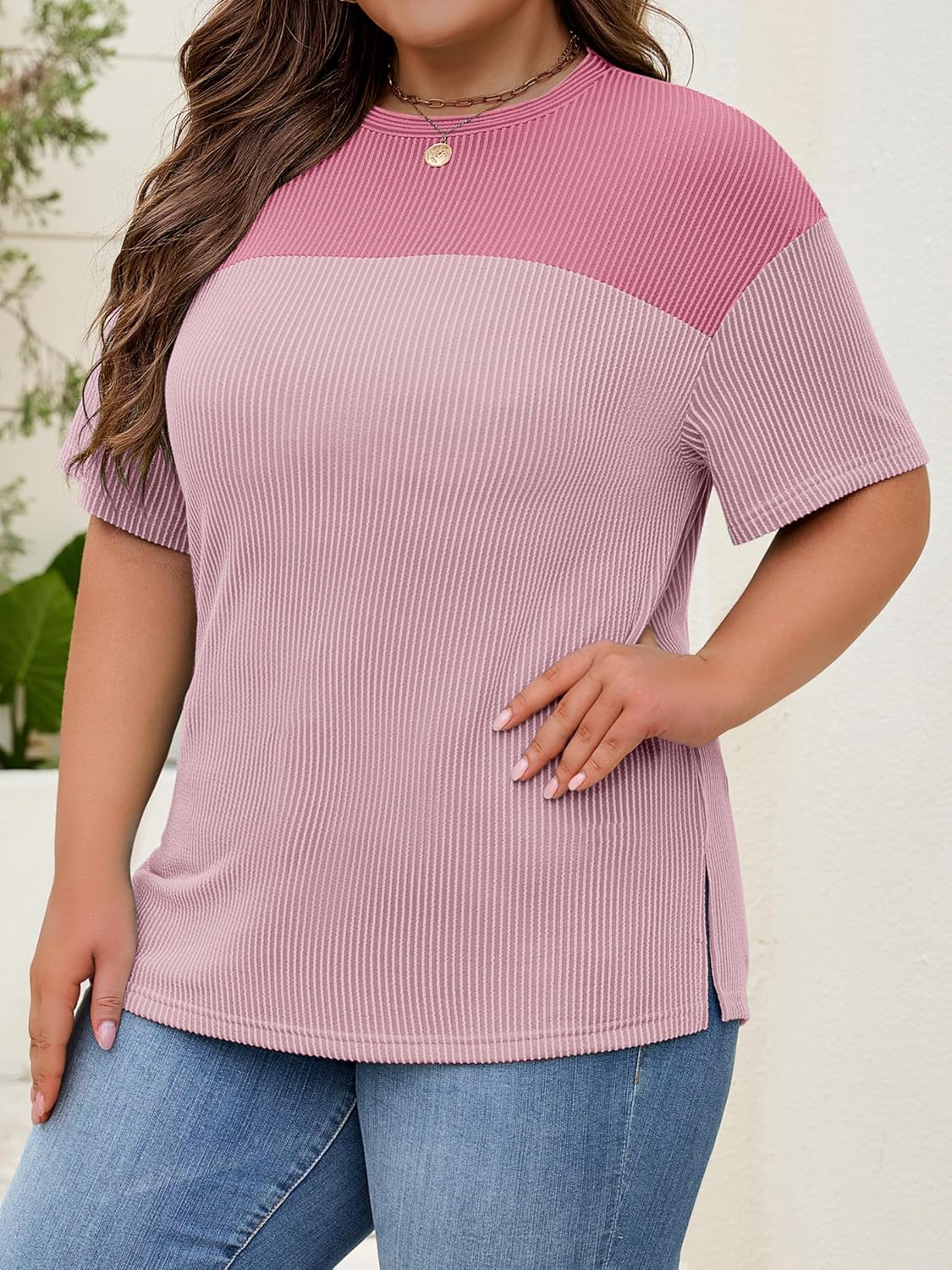 Womens Plus Size Short Sleeve Color Block Pullover Tunic Tops