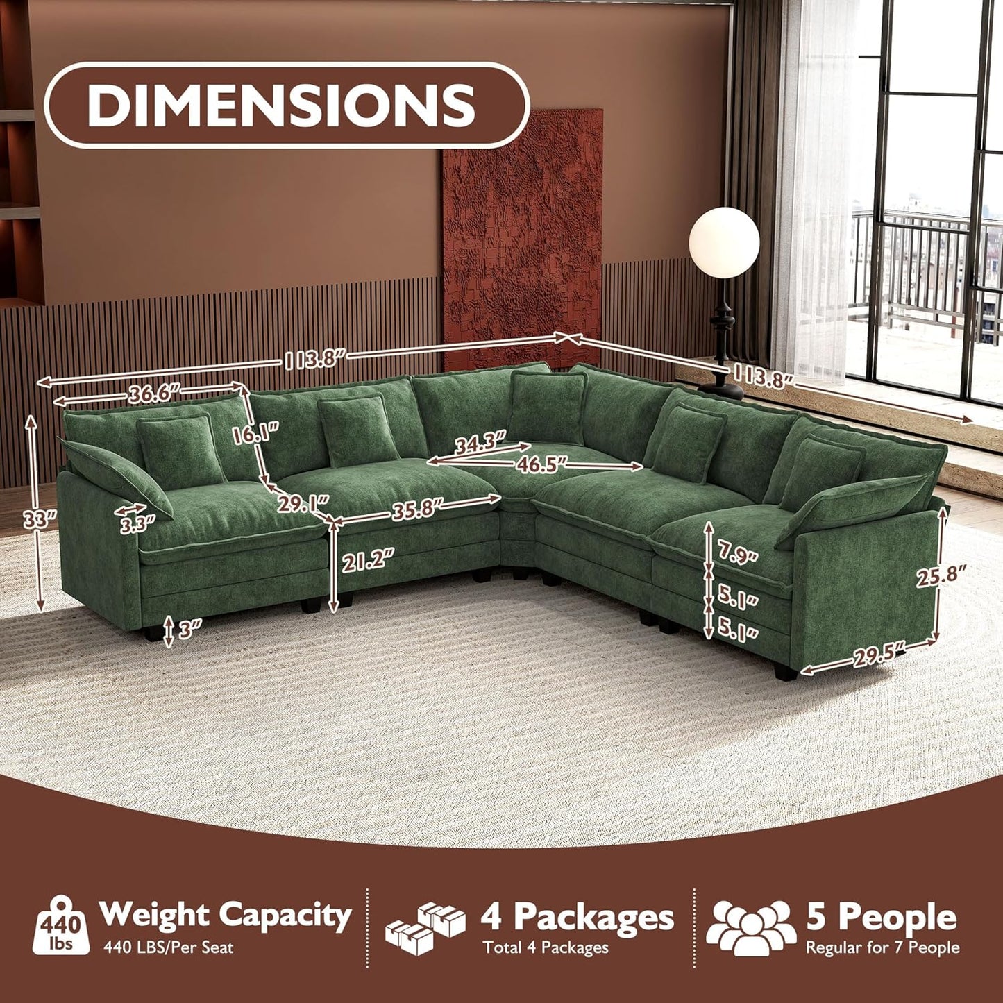 146" U-Shaped Modern Sofa Modular Sectional Cloud Couch