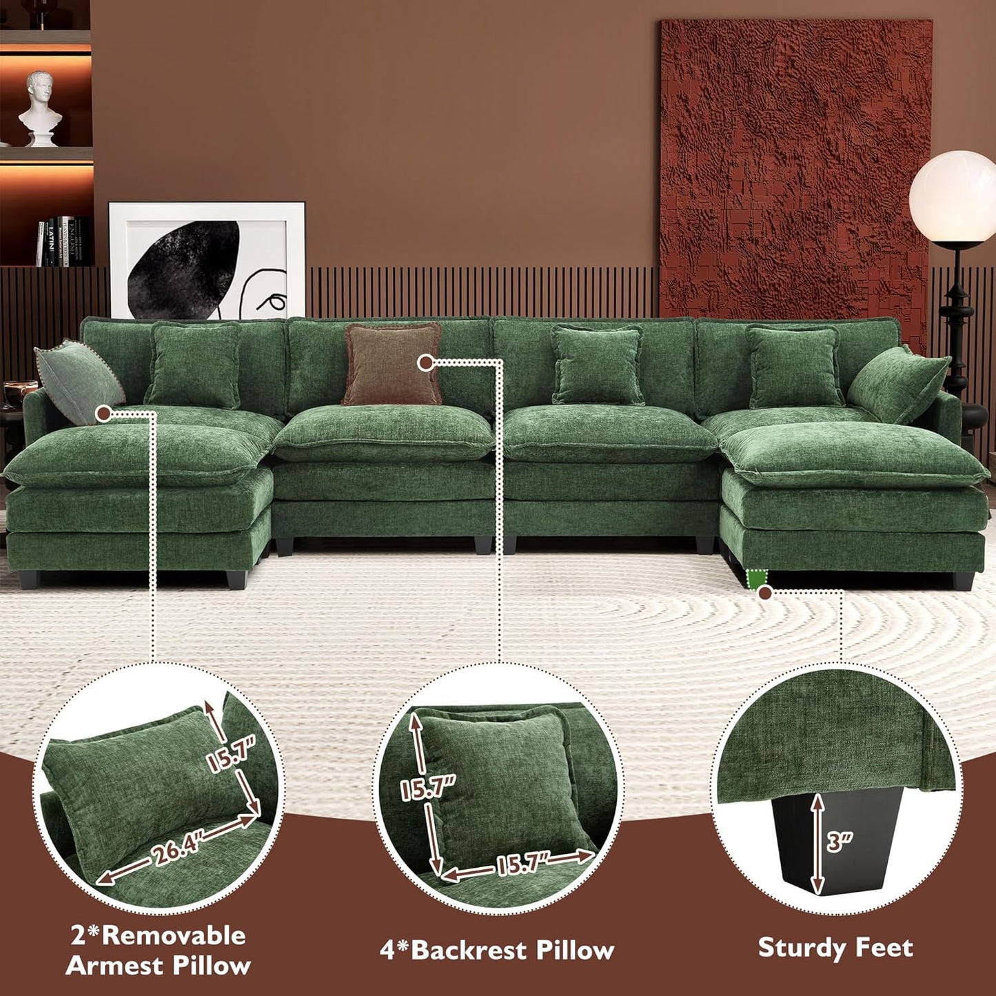 146" U-Shaped Modern Sofa Modular Sectional Cloud Couch