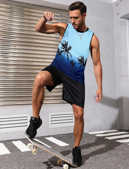Mens Tank Tops Beach Summer Sleeveless Shirts Graphic Palm Tree Vacation